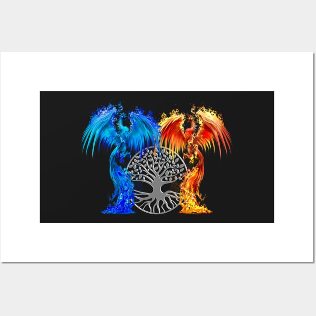 Fantasy Fire And Ice Phoenix Silver Tree Of Life Wall Art by Atteestude